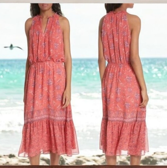 Joie 100% Silk Coral Pink Print Sheer Tiered Halter Midi Flowy Sundress Sz M - Picture 1 of 14